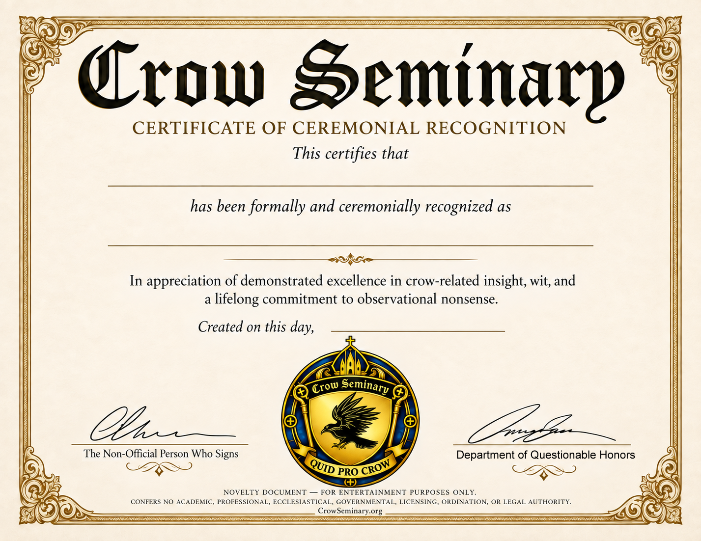 Blank Crow Seminary ceremonial novelty certificate